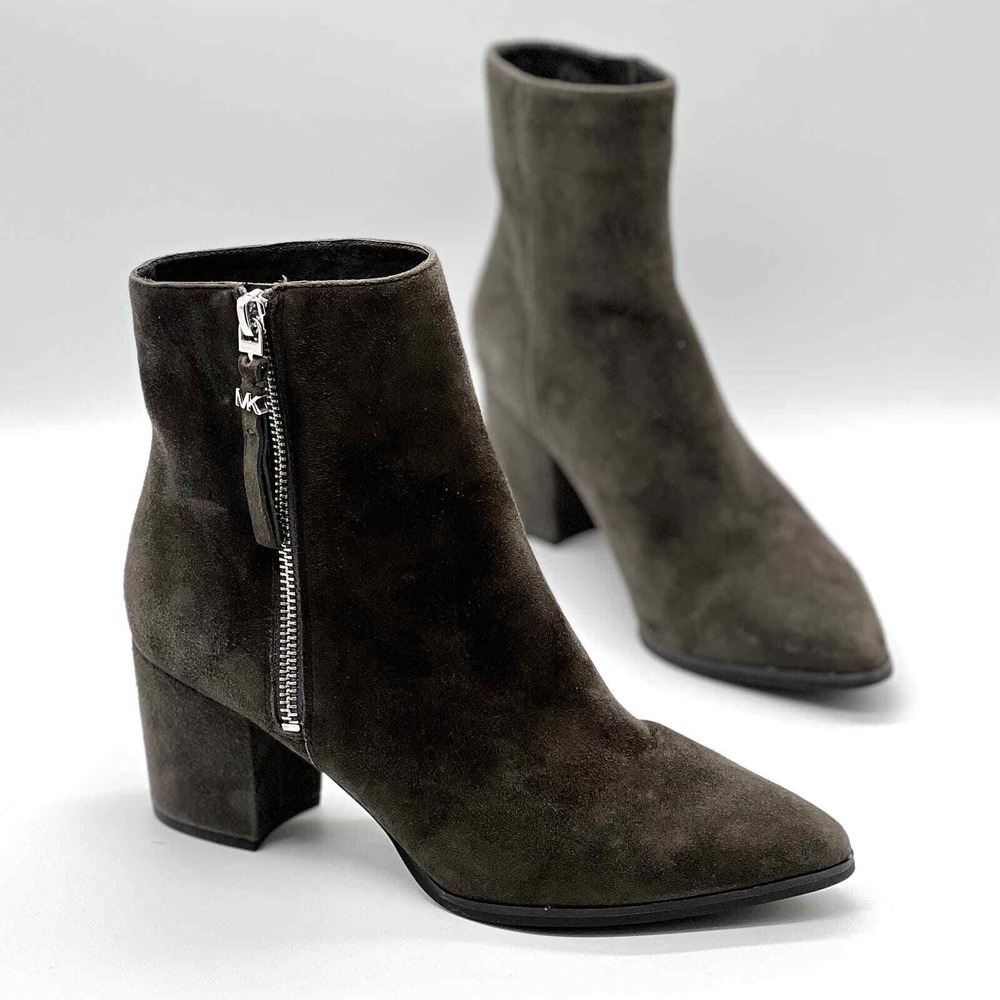 MICHAEL KORS Dawson Suede Boot Women 7 Gray Suede Pointed Toe Block Heel Ankle